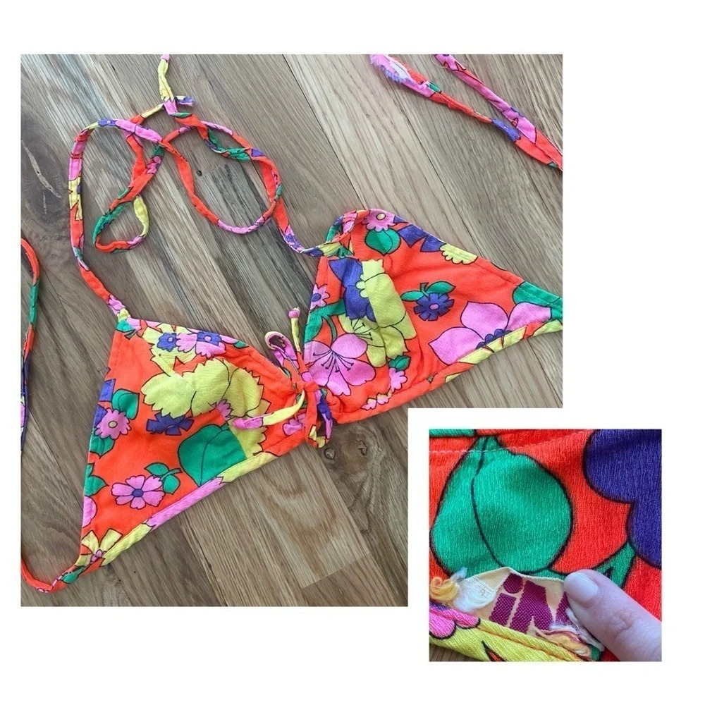 Vtg 60s/70s Floral Tie Bra Bikini Top Size Small
